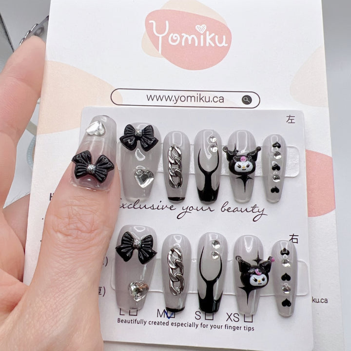 Long Black Bowknot Cartoon Handmade Press-on Nails