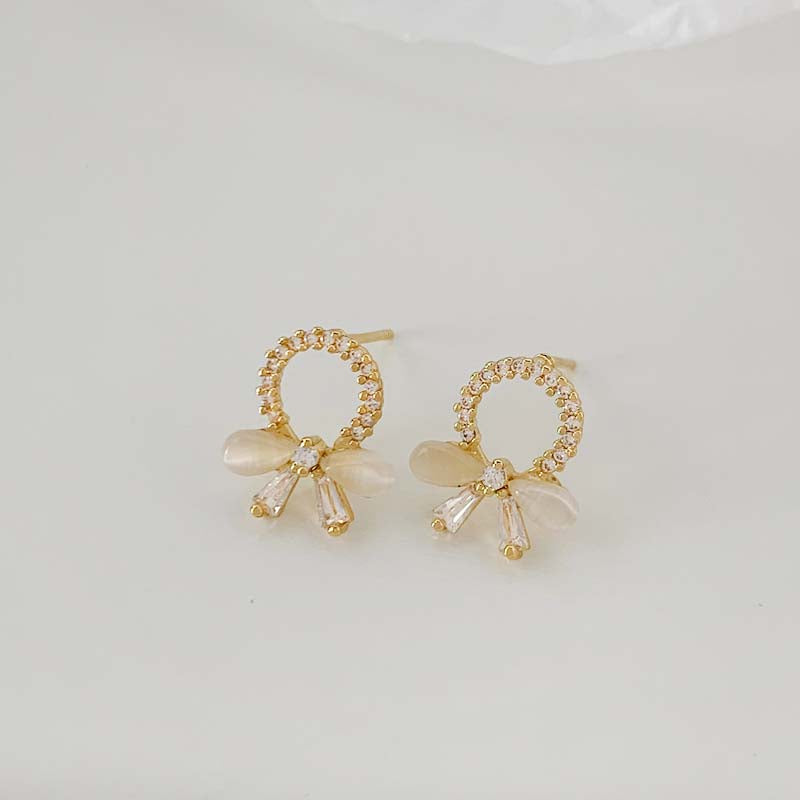 Boucles D'oreilles Rondes En Plaqué Or 18 Carats Oeil De Chat Pave CZ