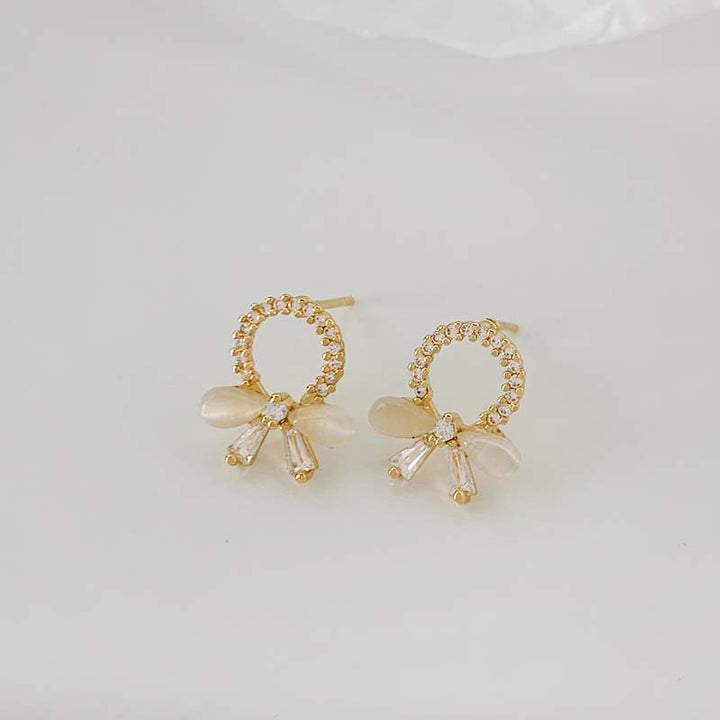 18k Gold Plated Cat's Eye Bow Pave CZ Round Stud Earrings