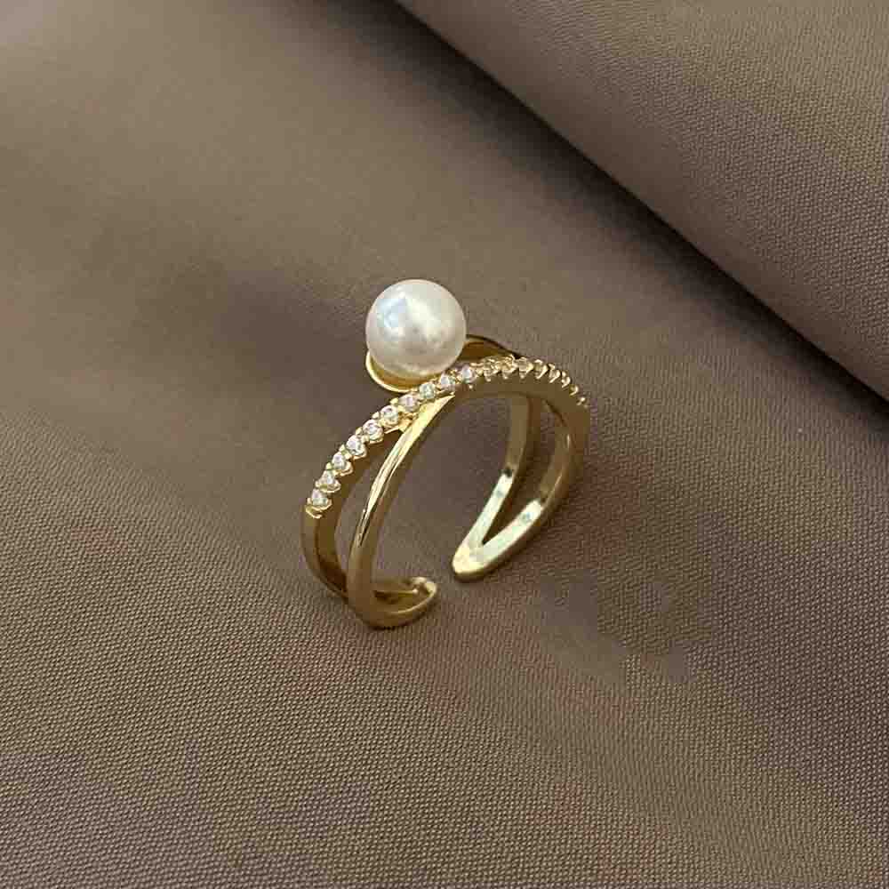 18k Gold Plated CZ Pearl Geometric Cross Layered Finger Ring