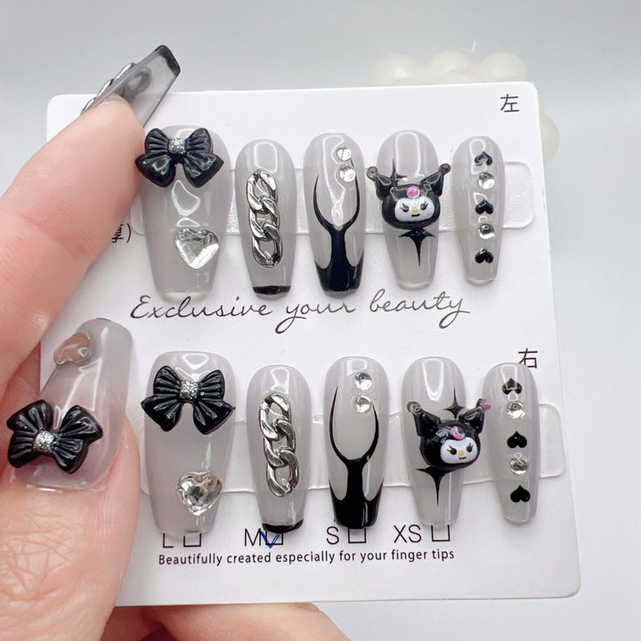 Long Black Bowknot Cartoon Handmade Press-on Nails