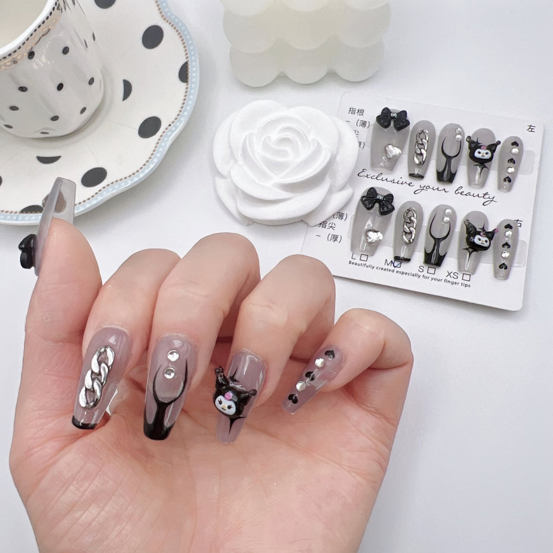 Long Black Bowknot Cartoon Handmade Press-on Nails