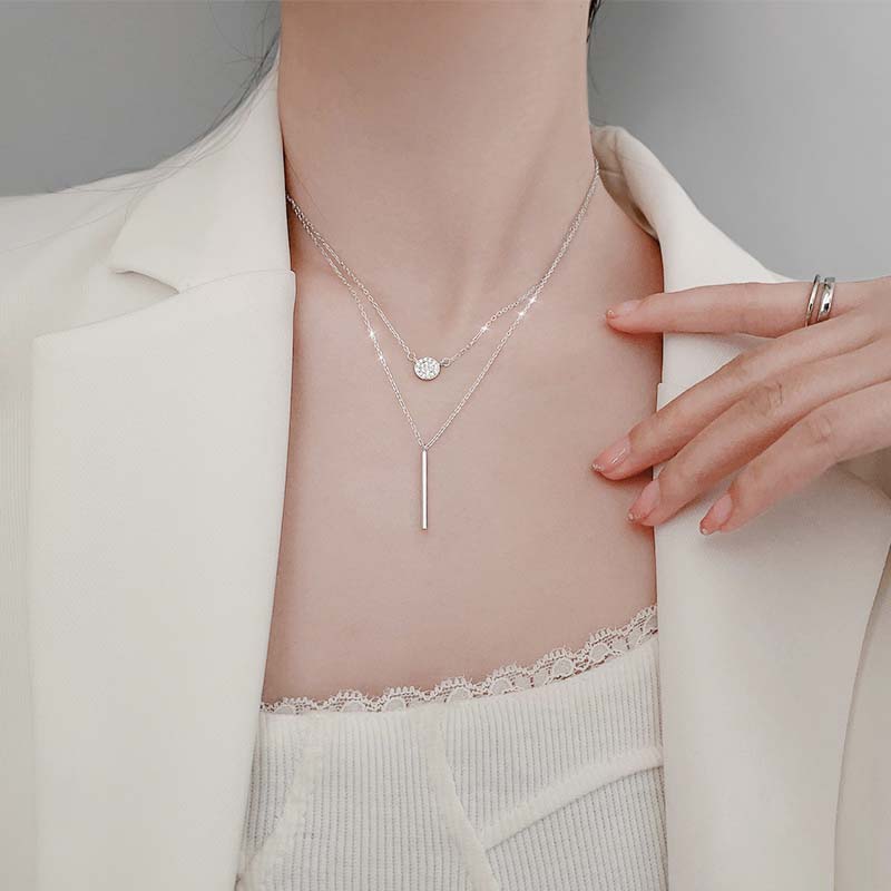 Glossy Zircon Double Chain Pendant Necklace