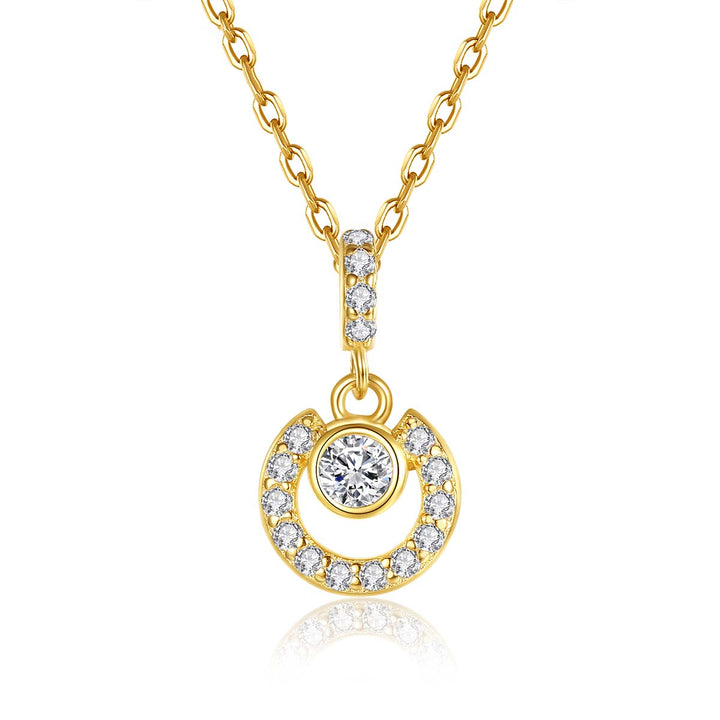 14K Gold Plated Disc Round Pendant with Zirconia Stone Necklace