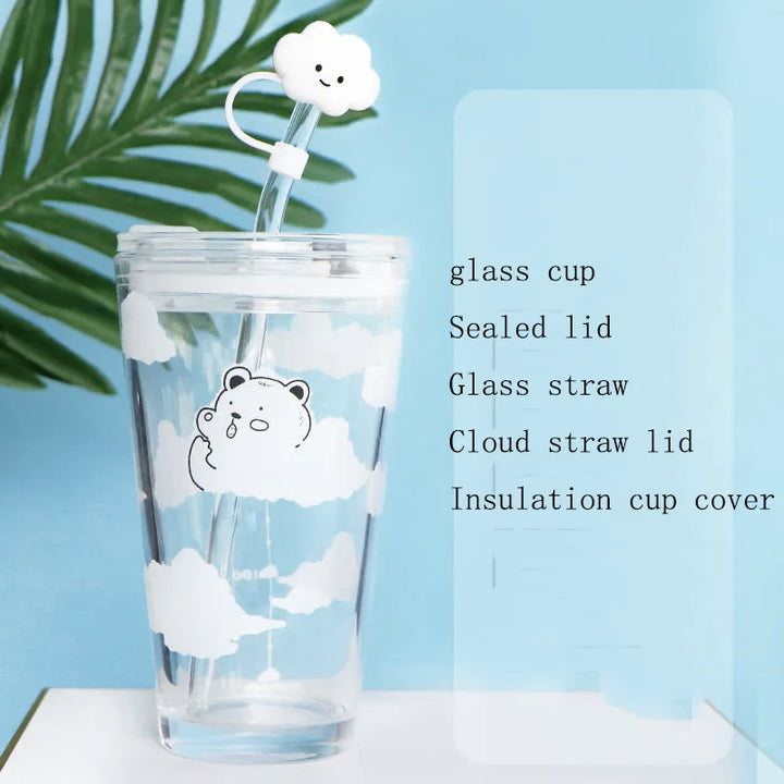 Cartoon Clouds Glass Cup with Straw and Lid 450ml