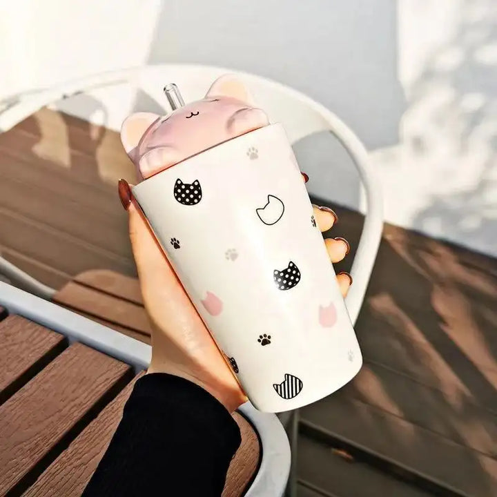 INS Cute Cat Milk Coffee Ceramic Mug With Silicone Straw And Lid