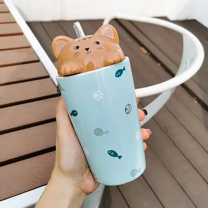 INS Cute Cat Milk Coffee Ceramic Mug With Silicone Straw And Lid