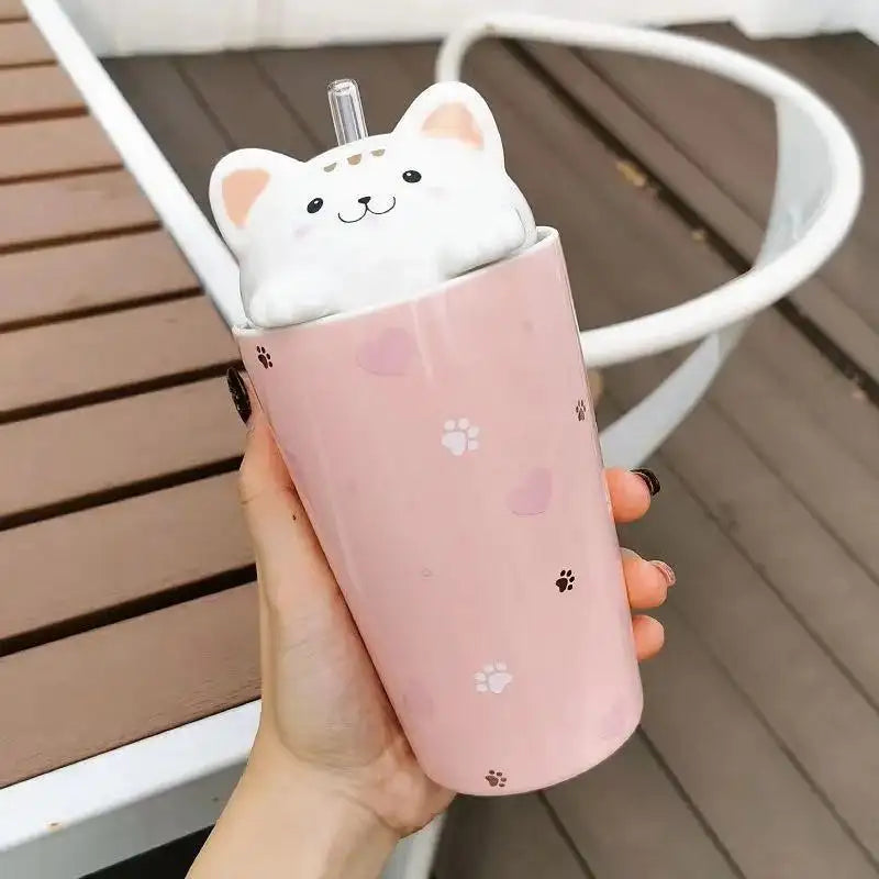 INS Cute Cat Milk Coffee Ceramic Mug With Silicone Straw And Lid