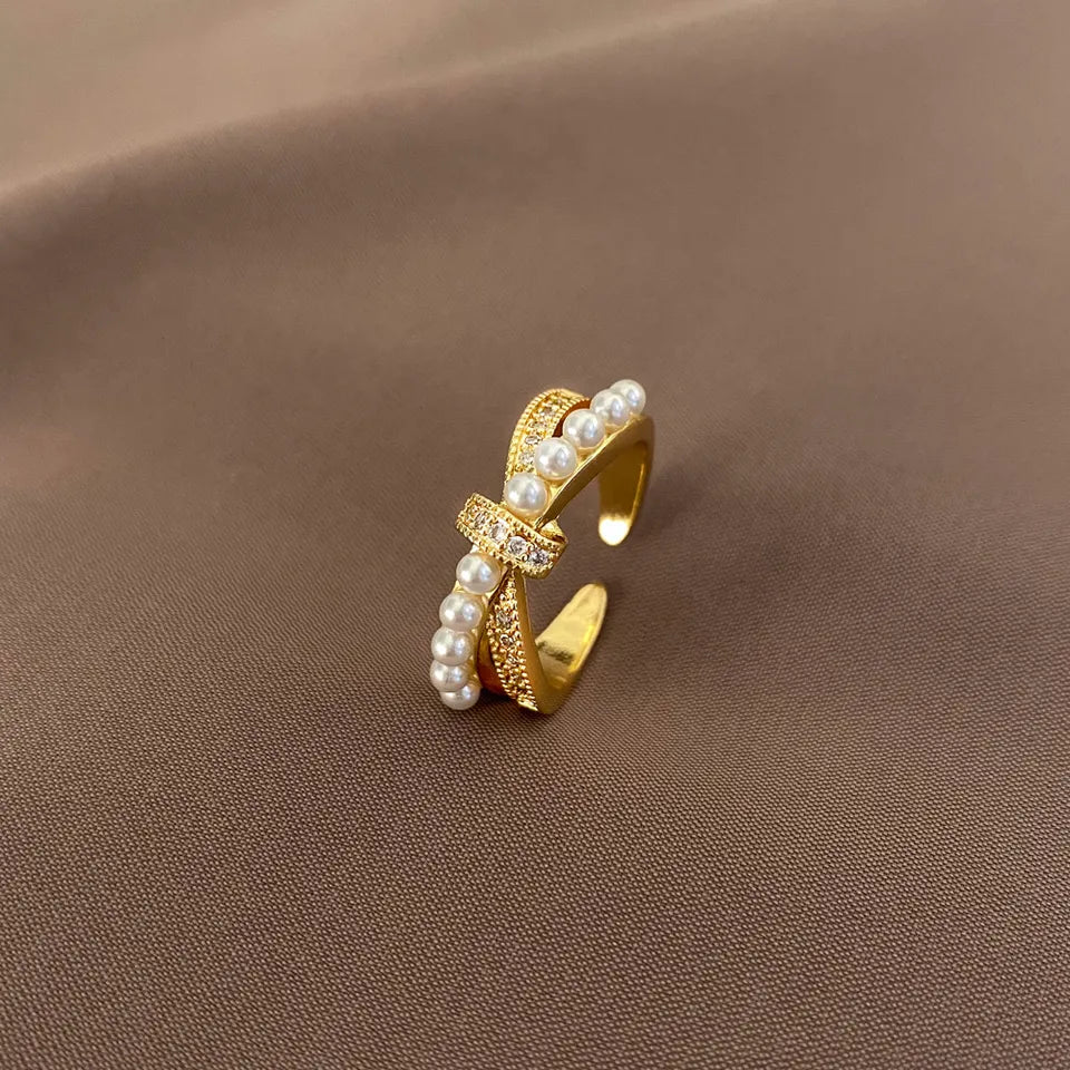 Bague Ajustable à Noeud Croisé Torsadé Perle CZ Incrustation Plaqué Or 18 Carats