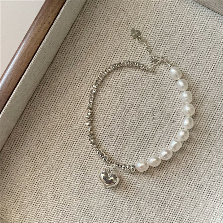 Bracelet coeur perlé en argent sterling 925 fait à la main avec perle d'eau douce naturelle