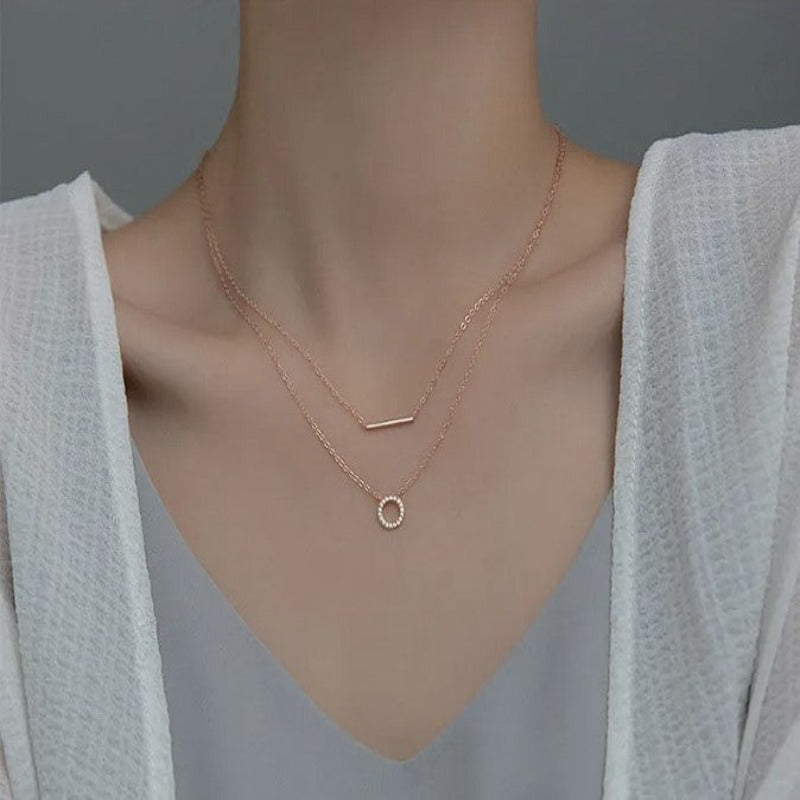 925 Sterling Silver Zircon Double Layer Circle Bar Choker Necklace