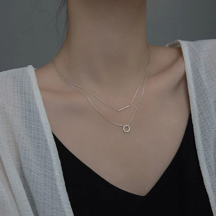 925 Sterling Silver Zircon Double Layer Circle Bar Choker Necklace