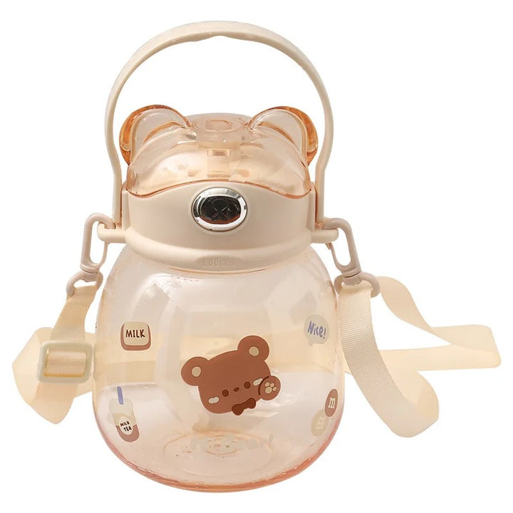 Cute Bear Plastic Water Bottles with Straw and Strap 1300ml