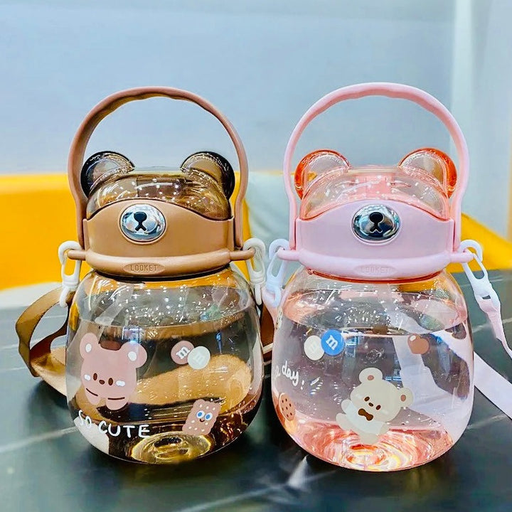 Cute Bear Plastic Water Bottles with Straw and Strap 1300ml