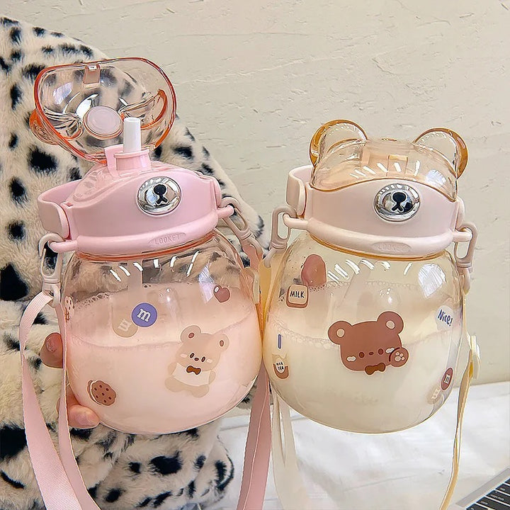 Cute Bear Plastic Water Bottles with Straw and Strap 1300ml