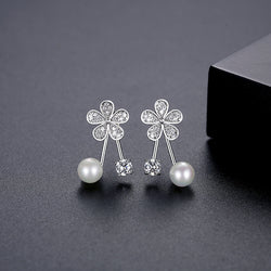 Korean Style Rhodium Plated Cute Flower Pearl Earrings