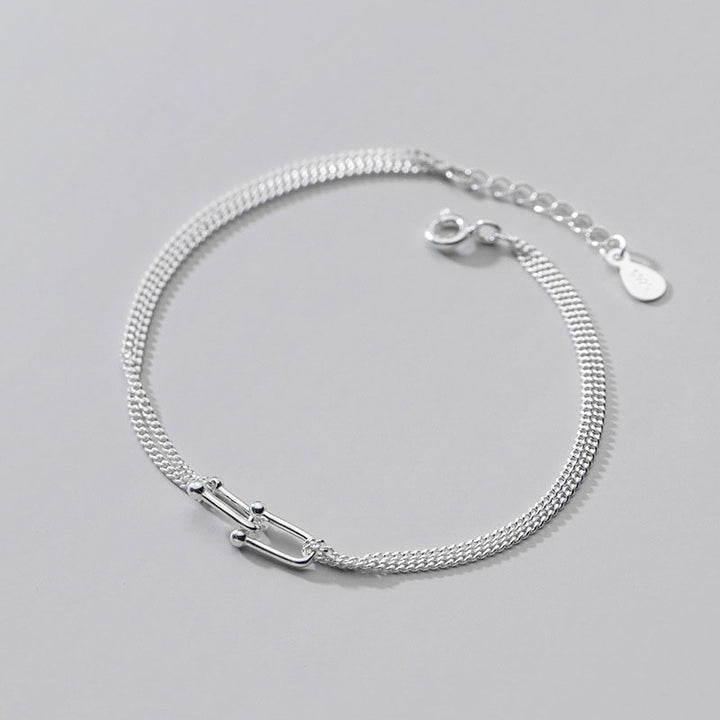 925 Sterling Silver Double Layer Link Chain U Shape Lock Bracelet