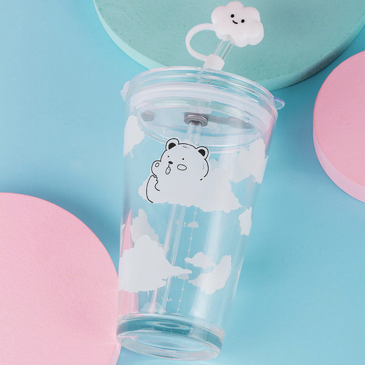 Cartoon Clouds Glass Cup with Straw and Lid 450ml