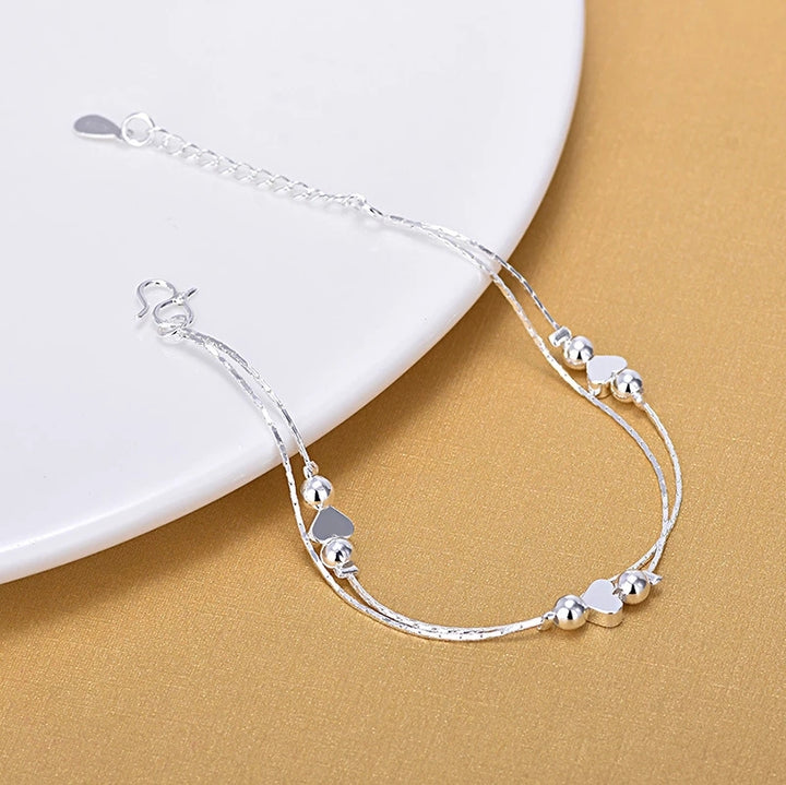 925 Sterling Silver Double Twist Chain Beads Heart Anklet