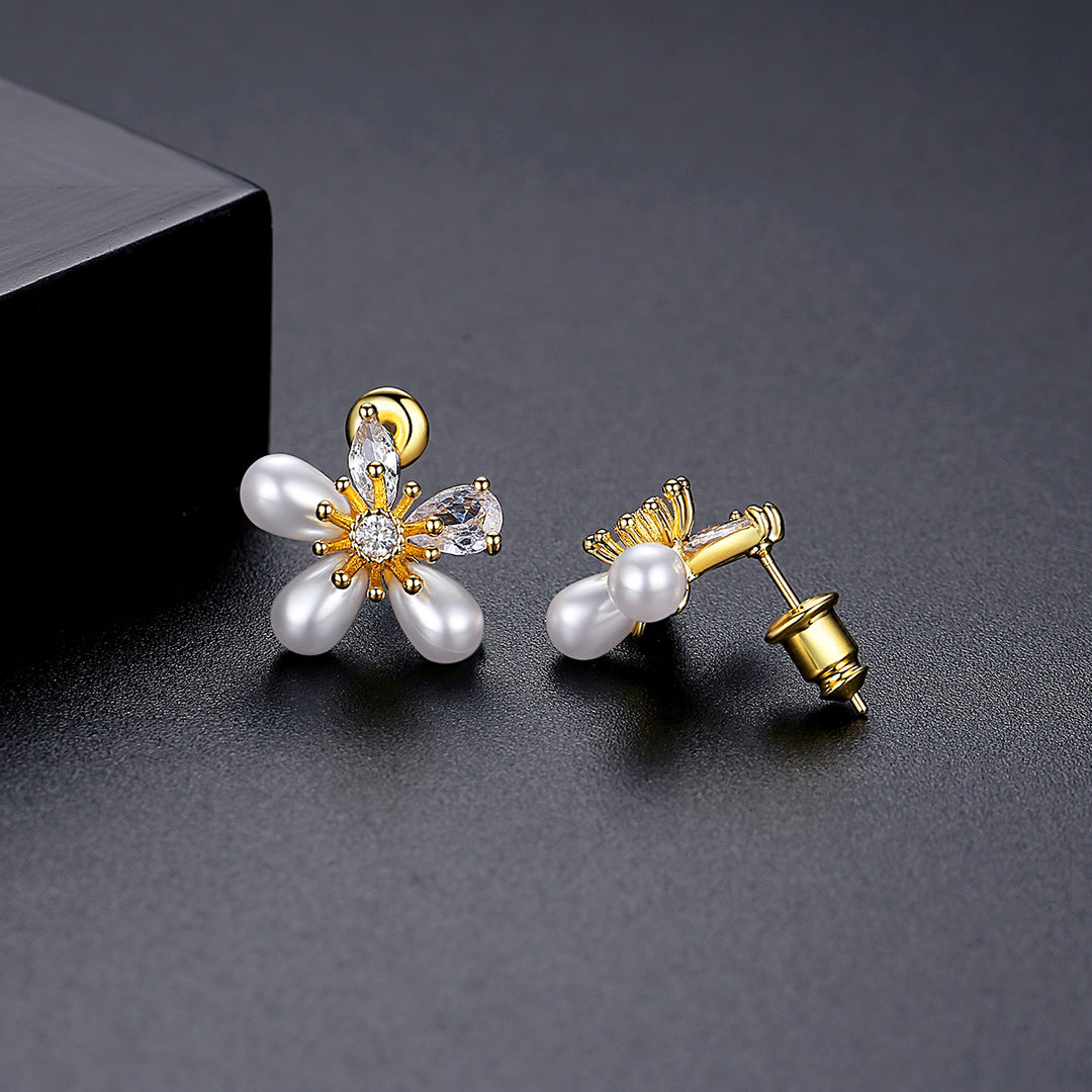 Korean Style Zircon Inlaid Natural Pearl Flower Earrings