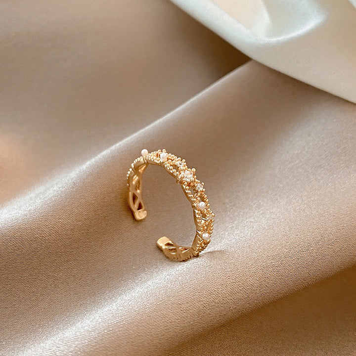 18k Gold Plated Delicate CZ Pearl Hollow Adjustable Ring