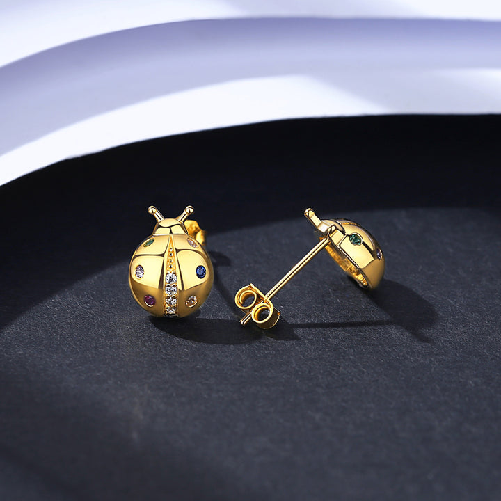 925 Silver 14K Gold Rainbow Color Zircon Ladybug Stud Earrings