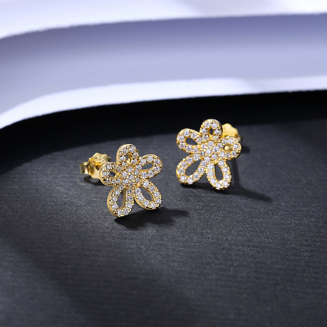 925 Sterling Silver 14K Gold Plated Small CZ Flower Stud Earrings