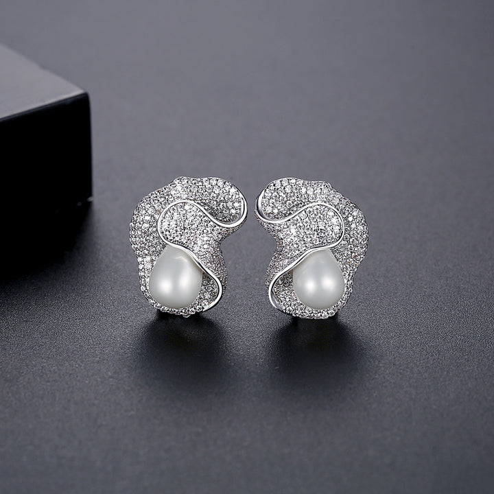 Luxury Tiny CZ Synthetic Pearl Unique Irregular Stud Earrings