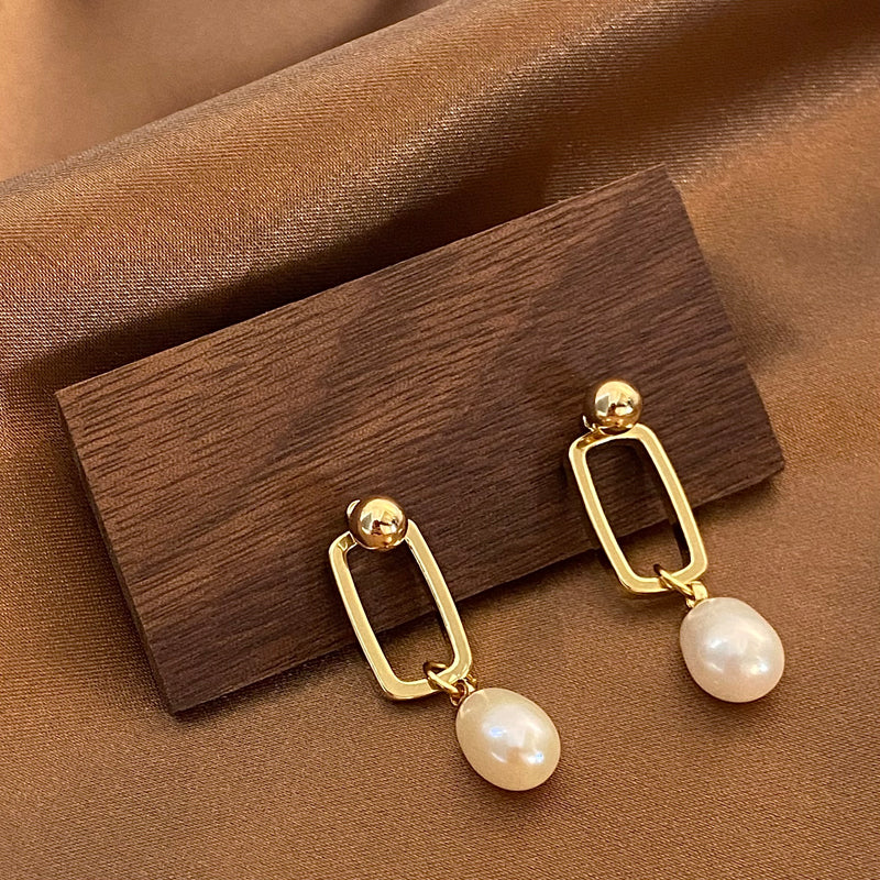 18k Gold Plated Square Freshwater Pearls Drop Earrings