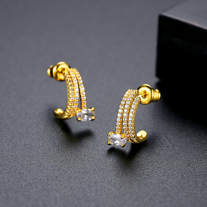 Gold Plated Cubic Zirconia C Shape Stud Earrings