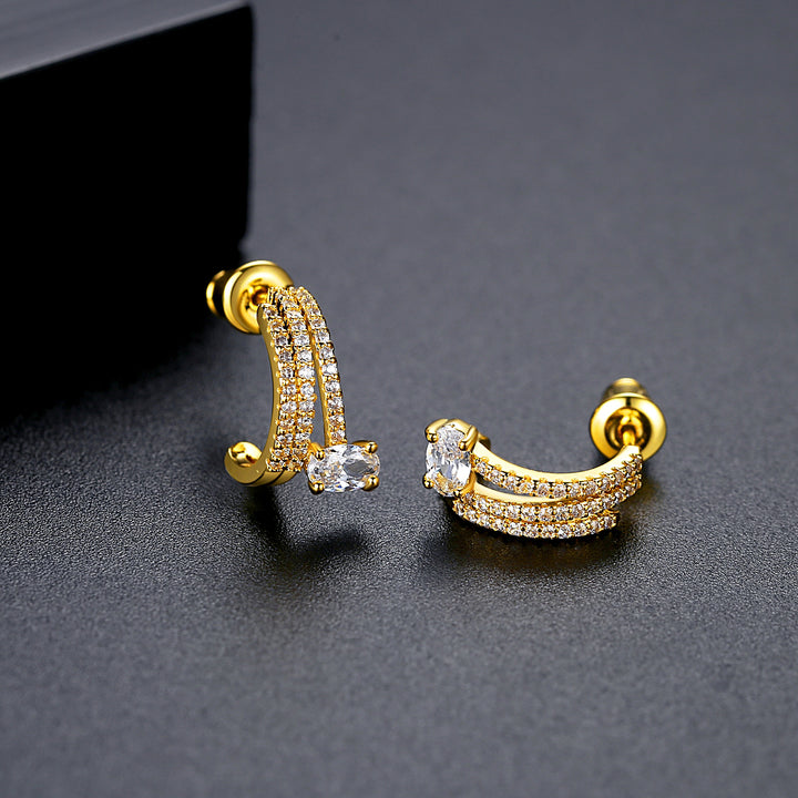 Gold Plated Cubic Zirconia C Shape Stud Earrings