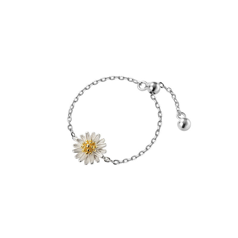 Bague chaîne réglable fleur de marguerite en argent sterling 925