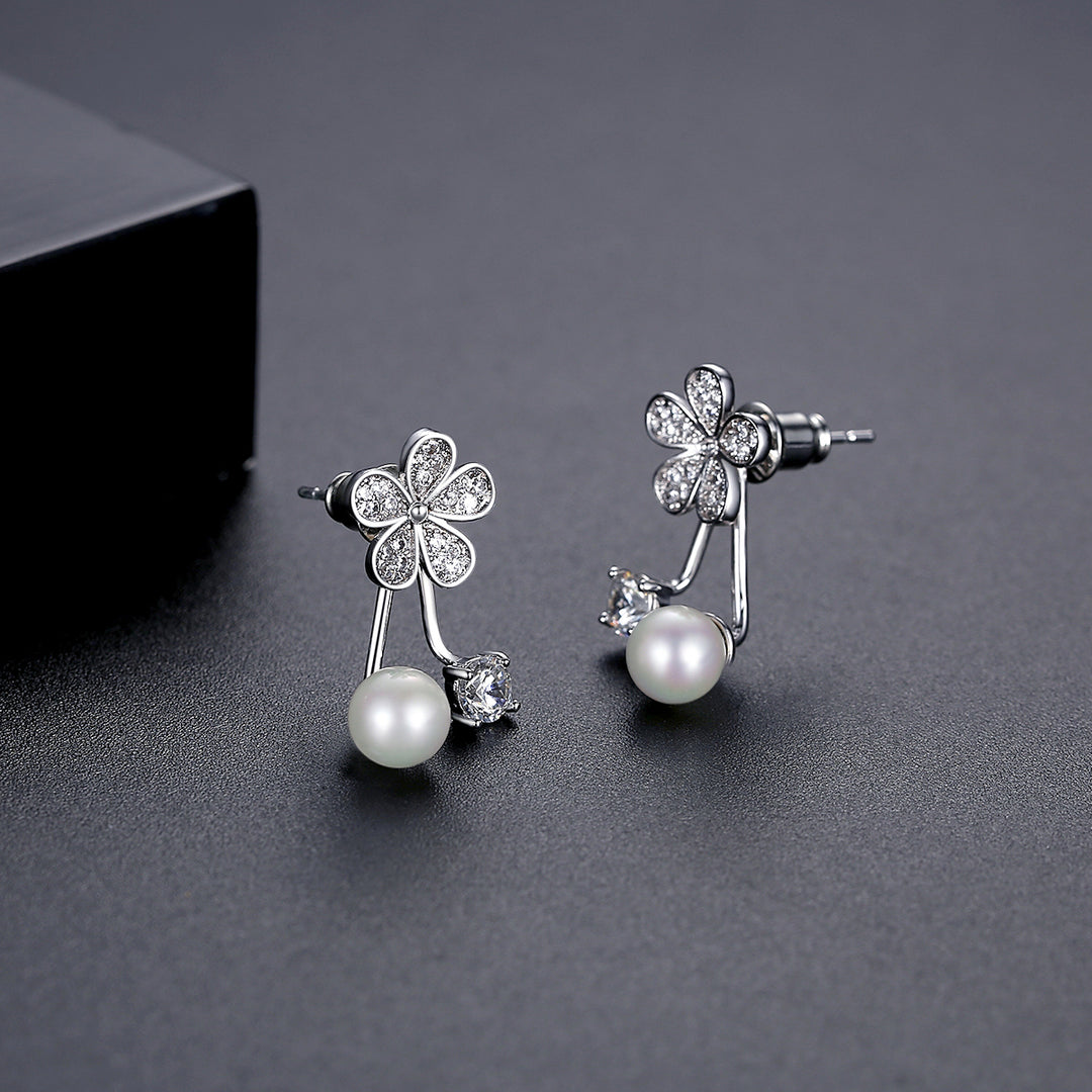 Korean Style Rhodium Plated Cute Flower Pearl Earrings