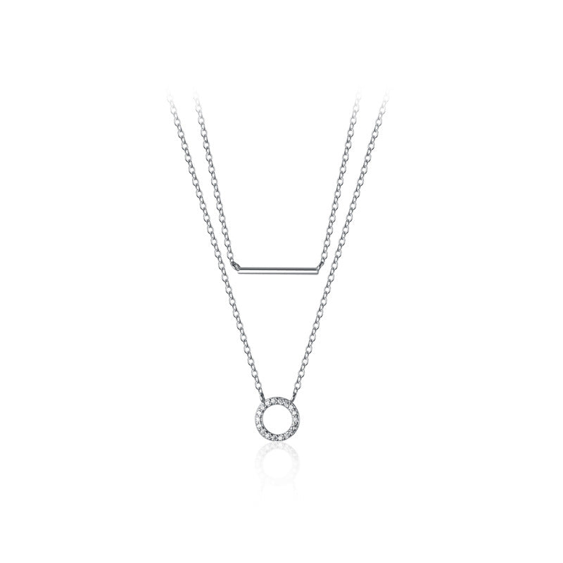 925 Sterling Silver Zircon Double Layer Circle Bar Choker Necklace