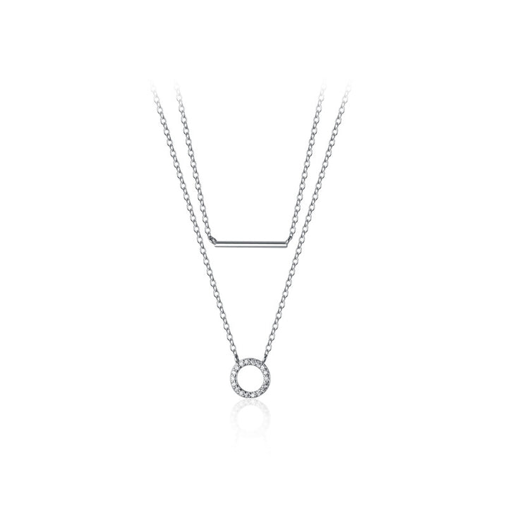 925 Sterling Silver Zircon Double Layer Circle Bar Choker Necklace