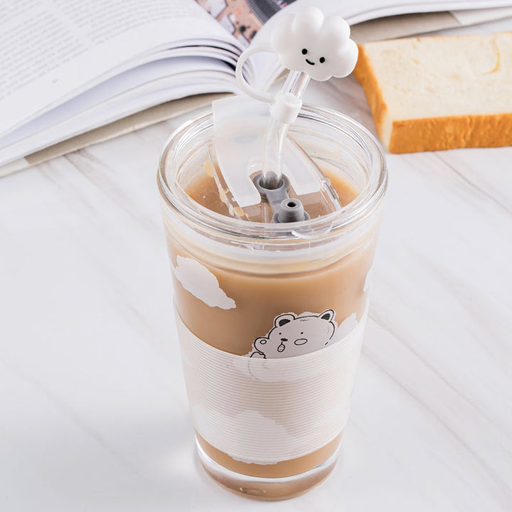 Cartoon Clouds Glass Cup with Straw and Lid 450ml