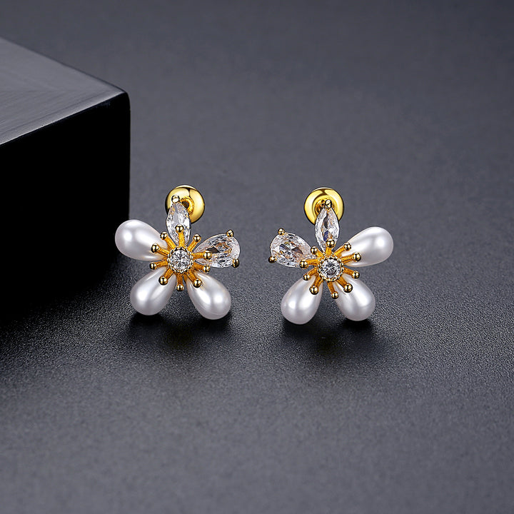 Korean Style Zircon Inlaid Natural Pearl Flower Earrings