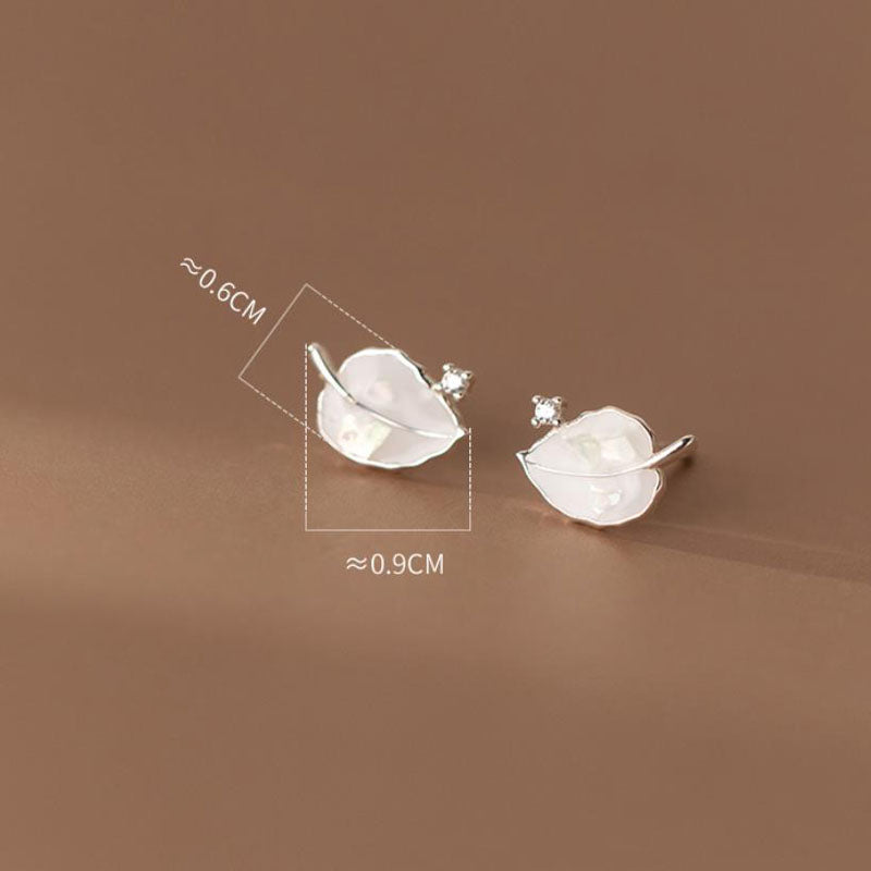 925 Sterling Silver Mini White Enamel Zircon Pave Leave Stud Earrings