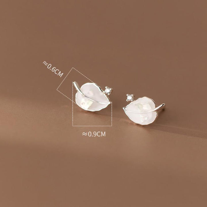 925 Sterling Silver Mini White Enamel Zircon Pave Leave Stud Earrings