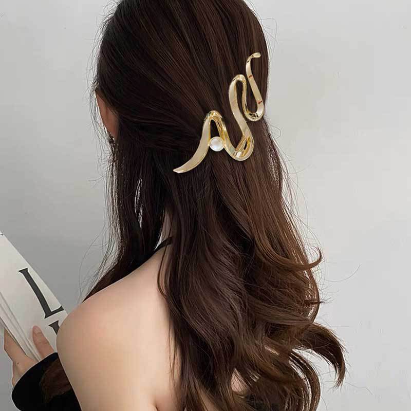 Snake Shape Pearl Metal Hair Claw