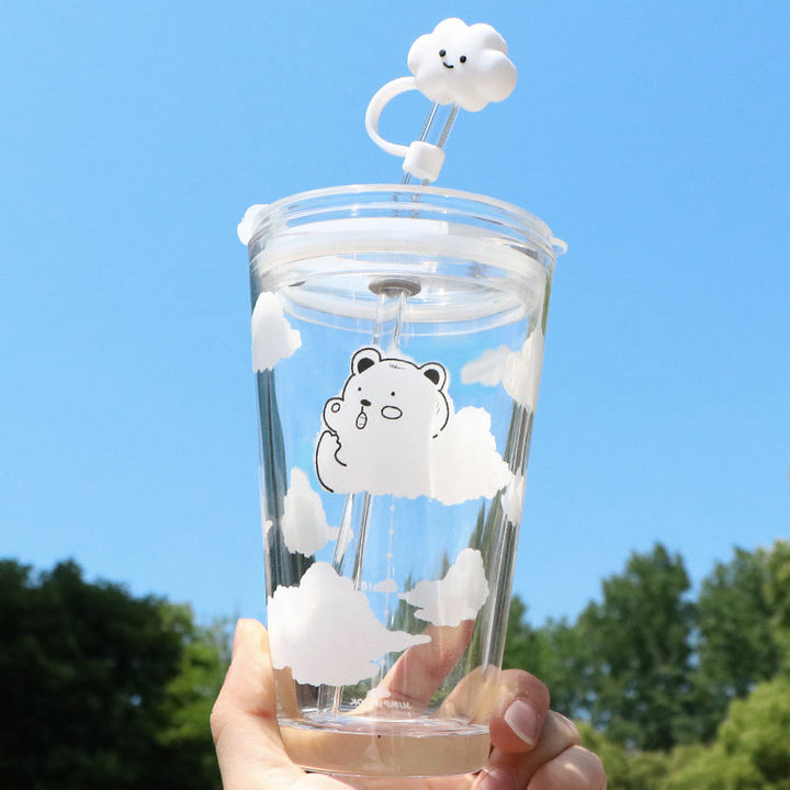 Cartoon Clouds Glass Cup with Straw and Lid 450ml