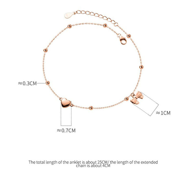 925 纯银 18K 玫瑰金心形蝴蝶结吊坠脚链