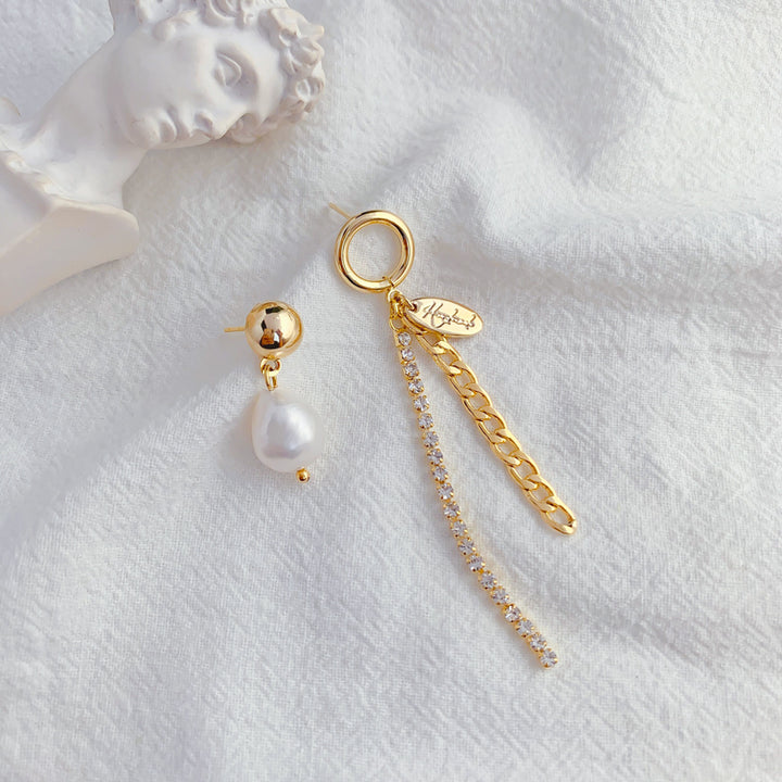 18k Gold Plated Asymmetric Chain Tassel Pearl Drop Earrings