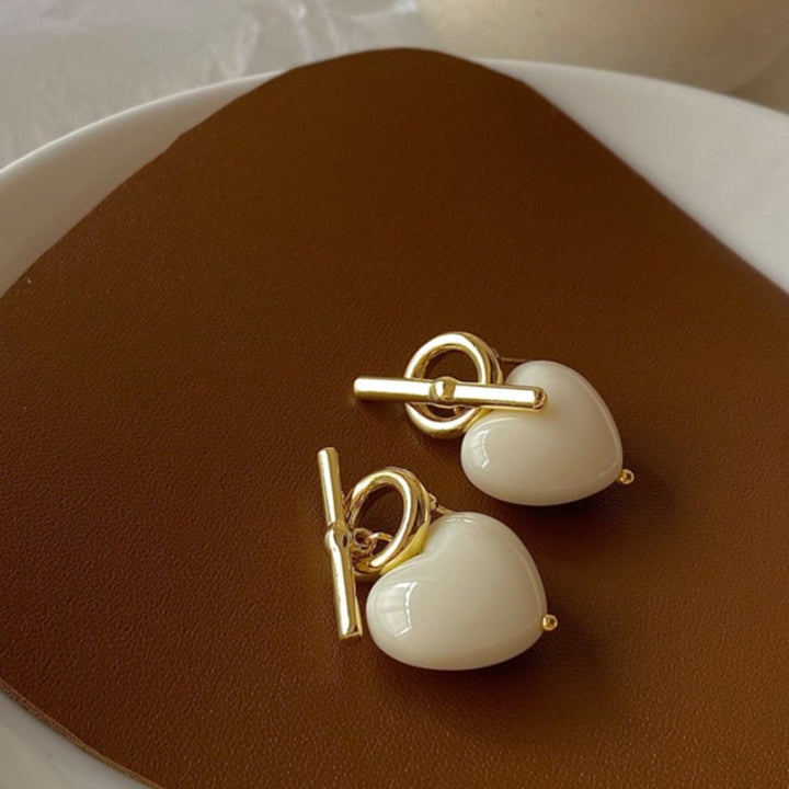 18k Gold Plated OT Buckle White Heart Dangle Earrings