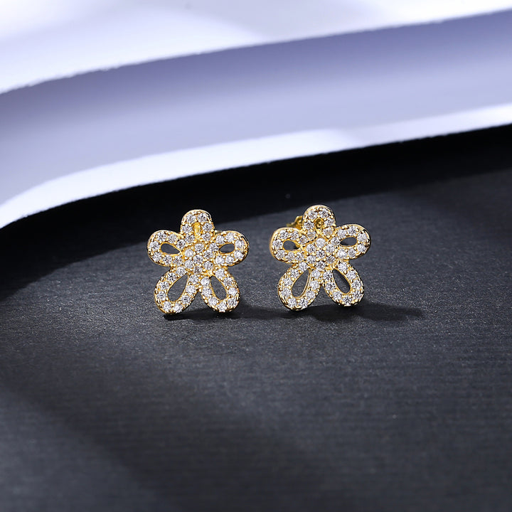 925 Sterling Silver 14K Gold Plated Small CZ Flower Stud Earrings