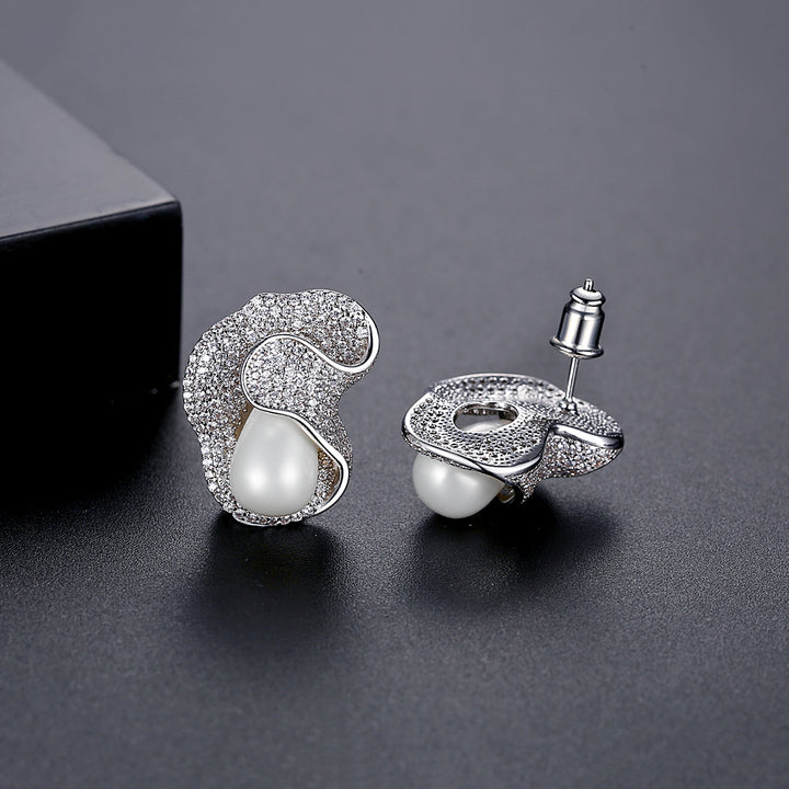 Luxury Tiny CZ Synthetic Pearl Unique Irregular Stud Earrings