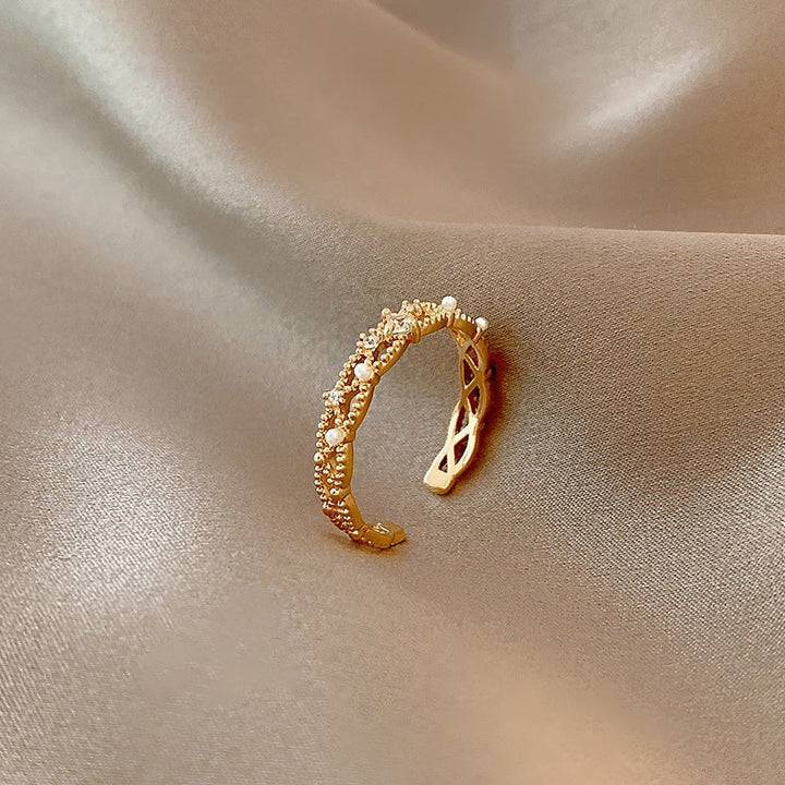 18k Gold Plated Delicate CZ Pearl Hollow Adjustable Ring