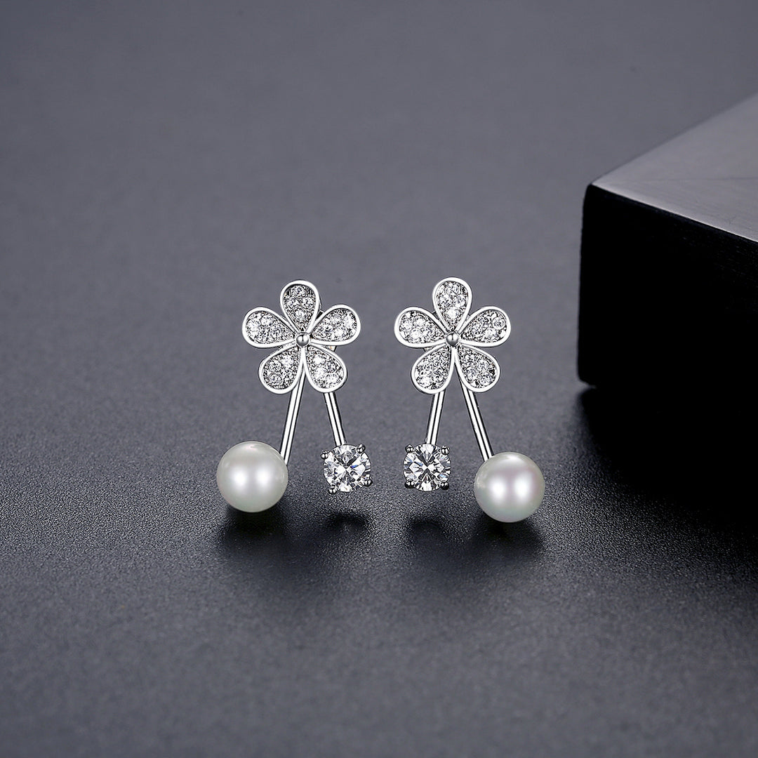 Korean Style Rhodium Plated Cute Flower Pearl Earrings