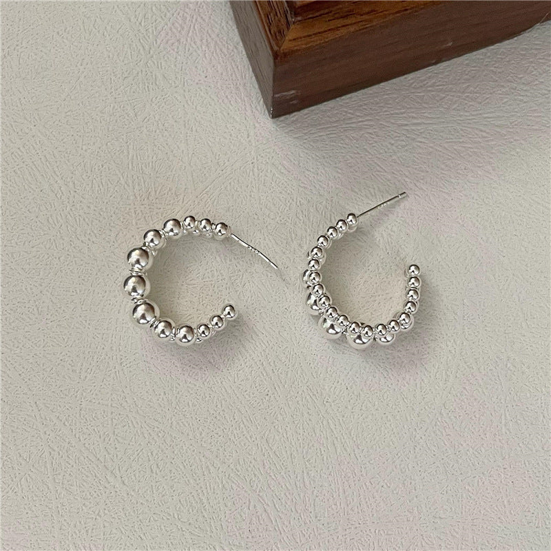 925 Sterling Silver Double Layer Round Beads Chunky Stud Earrings