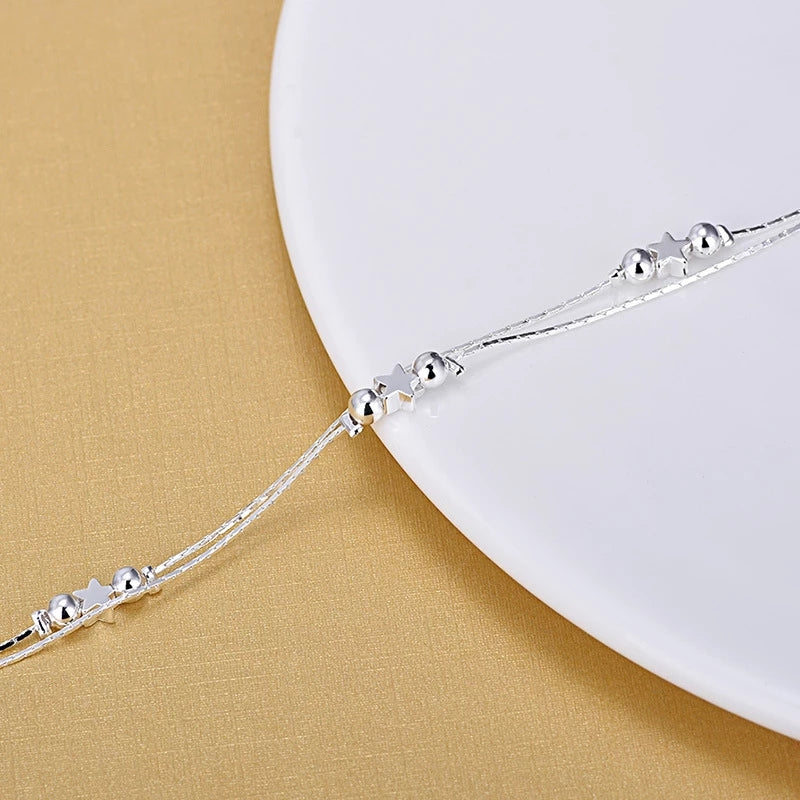 925 Silver Double Twist Chain Beads Star Charm Anklet